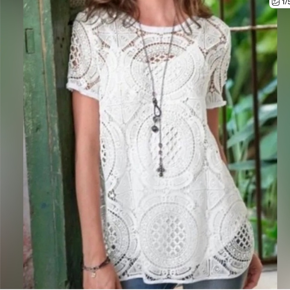 Sundance White Crochet Lace Short Sleeve Top